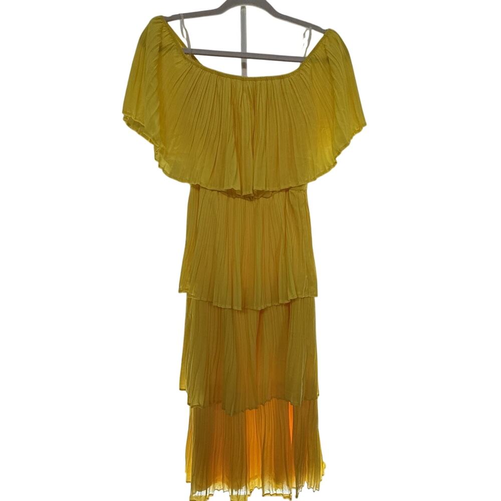 Just Me - Womens Off The Shoulder Yellow Tiered Ruffle Midi Dress - Size Medium